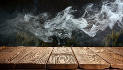 Ethereal Elegance: Dark Background with Empty Wooden Table and Rising Smoke