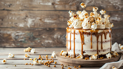 Tasty cake with popcorn and caramel on light wooden background - Powered by Adobe