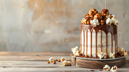 Tasty cake with popcorn and caramel on light wooden background