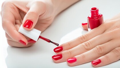 Beautiful woman, meticulously applies nail polish. Her focus is intense, yet serene, as she creates a perfect, glossy finish on each fingertip