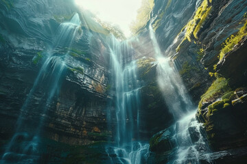 An artistic shot of a waterfall cascading down a cliff, emphasizing the majesty and raw power of...