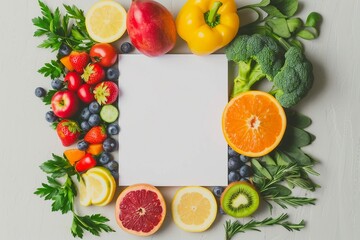 Creative layout made of various fruits and vegetables with white paper card. Flat lay. Food concept.Creative layout made of various fruits and vegetables. generative ai