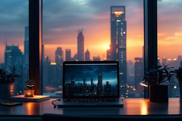 Laptop Screen Illuminating a Modern Office with Twilight Cityscape