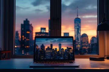 Laptop Screen Illuminating a Modern Office with Twilight Cityscape