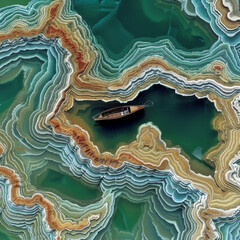 Aerial view of an ice lake with a small boat in the center, surrounded by swirling patterns andvibrant blue water.