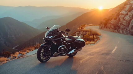 sleek black motorcycle parked on winding mountain road with the sun setting in the distance and the promise of exhilarating ride through scenic twists and turns.