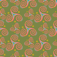 Folk triple spiral celtic triskele geometric sign repeating pattern. Three legs