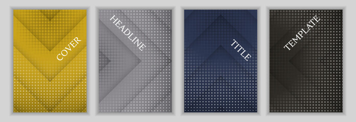 Halftone dots and arrow direction pattern business cover page template batch. Trendy banners