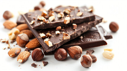 Tasty dark chocolate with nuts on white background