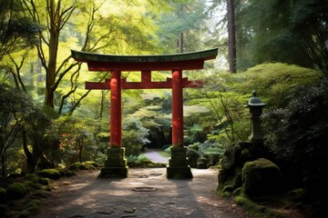 A red torii gate marks the entrance to a secluded area, adding a touch of spiritual significance to the garden.