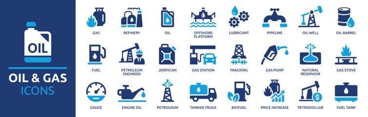 Oil and Gas icon set. Containing fuel, refinery, petroleum, oil well, gas pump, offshore platform, lubricant, oil barrel and more. Solid vector icons collection.