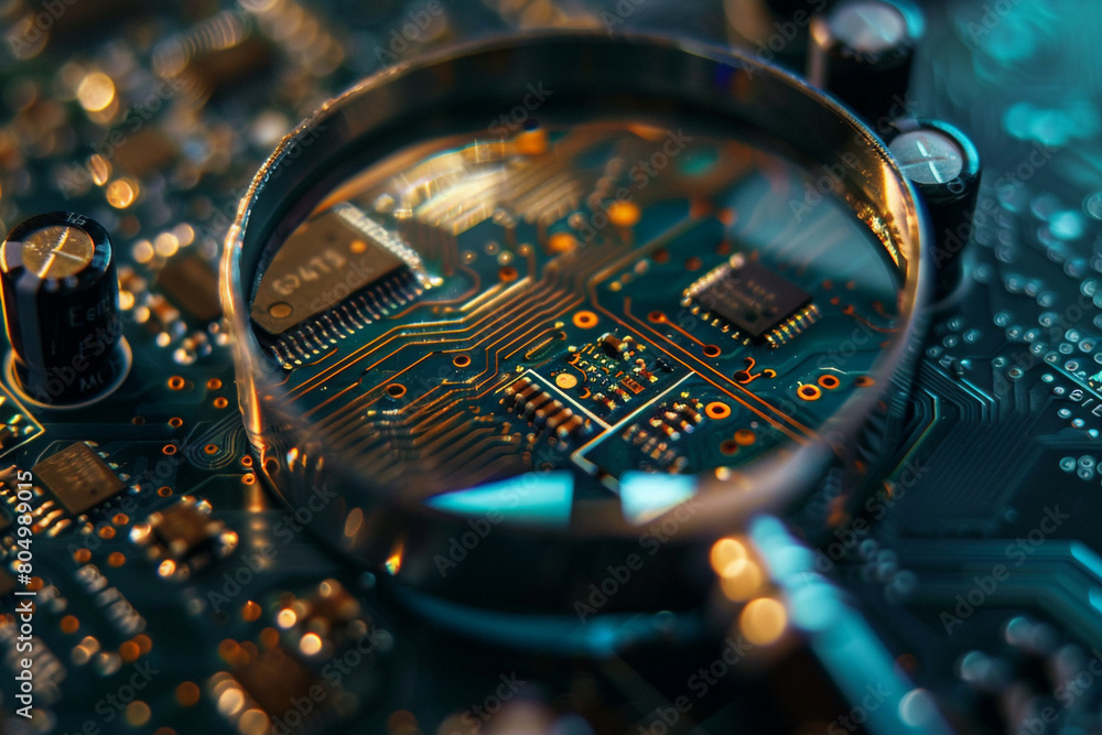 Poster an empty circuit board under a magnifying glass, questioning the emptiness behind techs promises