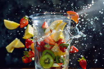 An energetic smoothie splash with fruits flying into the blender, Flying Food shot, studio lighting 