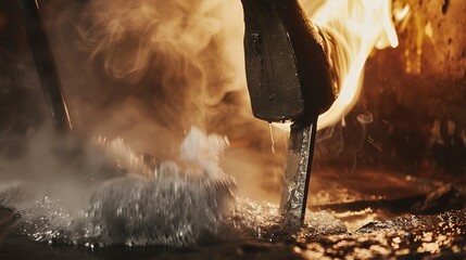 Blacksmith quenching hot metal in water, steam rising, close view, dynamic light, detailed texture. - Powered by Adobe