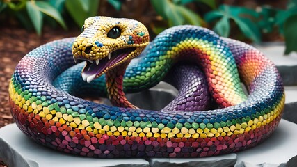 statue of a snake made with colorful stones in the park