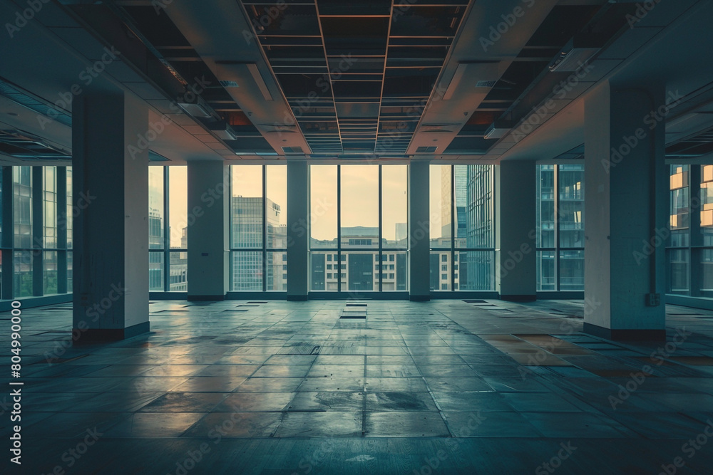 Poster an image of empty office spaces, representing businesses that have closed down due to economic downt