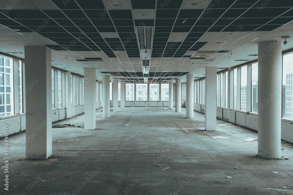 Poster an image of empty office spaces, representing businesses that have closed down due to economic downt