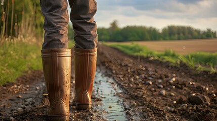 Man in mud boots walking on a wet country road