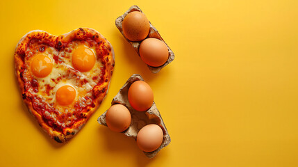 Tasty heart shaped pizza and holder with eggs on yello