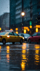 Cityscape in Rain, Raindrops patter against the window as cars and taxis maneuver through the wet...