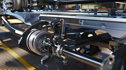Fototapeta premium Car assembly line with a chassis being fitted with wheels, close view, detailed machinery, industrial light. 