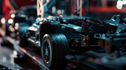 Fototapeta premium Car assembly line with a chassis being fitted with wheels, close view, detailed machinery, industrial light. 