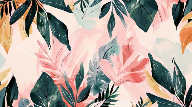 Tropical botanical pattern with pastel-colored leaves