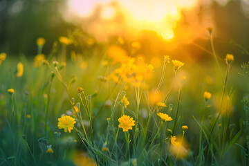 Abstract soft focus sunset field landscape of yellow flowers and grass meadow warm golden hour sunset sunrise time. Tranquil spring summer nature closeup and blurred forest background.