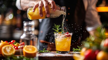 Bartender pouring cocktail with citrus and herbs at bar