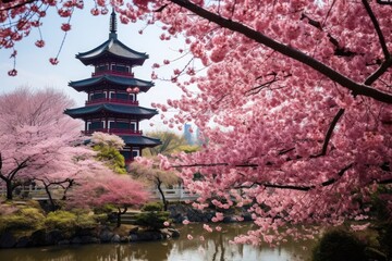 A pagoda stands tall amidst the cherry blossoms, offering a panoramic view of the entire garden.