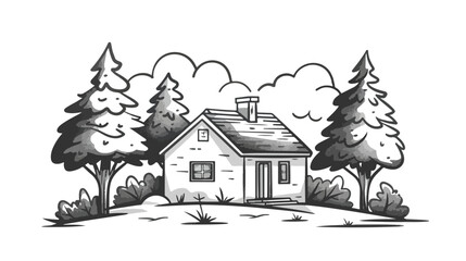 Monochrome contour of cottage in the forest