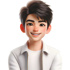 Happy Asian cartoon character boy, young man portrait, male, Smile, Happy mood, feeling expression concept, Isolated on a white background