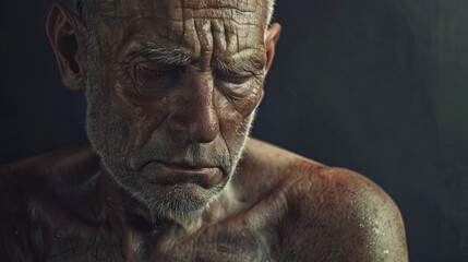 Contemplative elder with weathered features in dim light