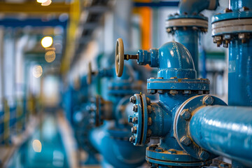 An intricate network of pipes and valves in a water treatment facility, a vital artery of modern urban infrastructure 