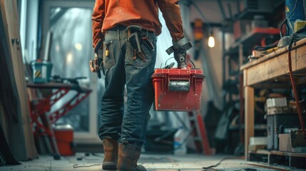 Close-up on an electrician carrying a toolbox while working at a house - domestic life concept - Powered by Adobe