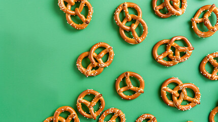 Tasty pretzels on green background with space for text