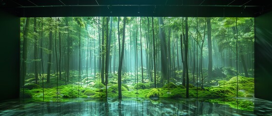 A digital screen displaying a forest scene that reacts to the viewers movements, merging technology and nature
