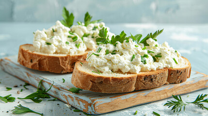 Tasty sandwiches with cottage cheese on color background