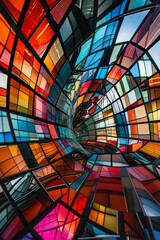 Abstract colorful mosaic square glasses in kaleidoscopic effect, curvy and wavy distortion perspective