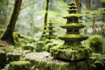 A stone pagoda covered in moss adds a touch of ancient charm to the garden's landscape.