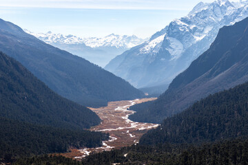 A river cutting through a lush green valley surrounded by towering snow-capped mountains, creating a picturesque landscape. The scene captures the beauty of nature in the highlands. Sikkim, India