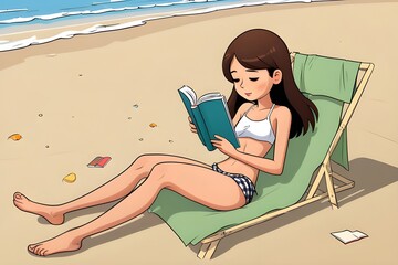 Cartoon girl reading a book on the beach