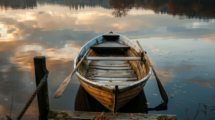 traditional wooden rowboat moored at rustic dock with oars resting on its gunwales and the...