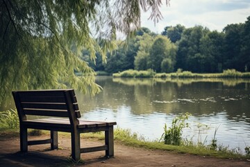 A solitary bench overlooks the pond, providing a perfect spot for solitary contemplation.