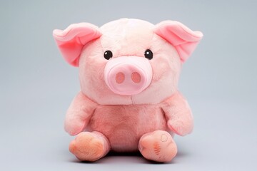 Plush pig toy on a grey background. Studio pet portrait. Farm and comfort concept for design and print.

