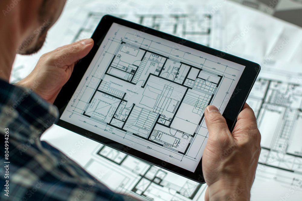 Poster architect reviewing blueprints with a digital tablet in hand