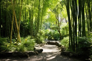 A bamboo grove at the edge of the garden rustles in the wind, adding a natural soundtrack to the scene.