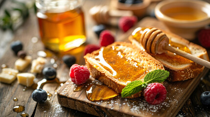 Tasty toasted bread with honey butter and berries on t