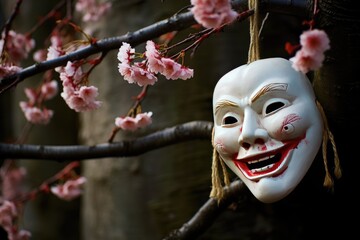 A traditional Noh mask hangs from a cherry tree branch, creating an unexpected yet intriguing sight.
