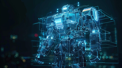 a wireframe hologram of robot with glowing blue lines forming intricate patterns around its iconic structure against an isolated dark background